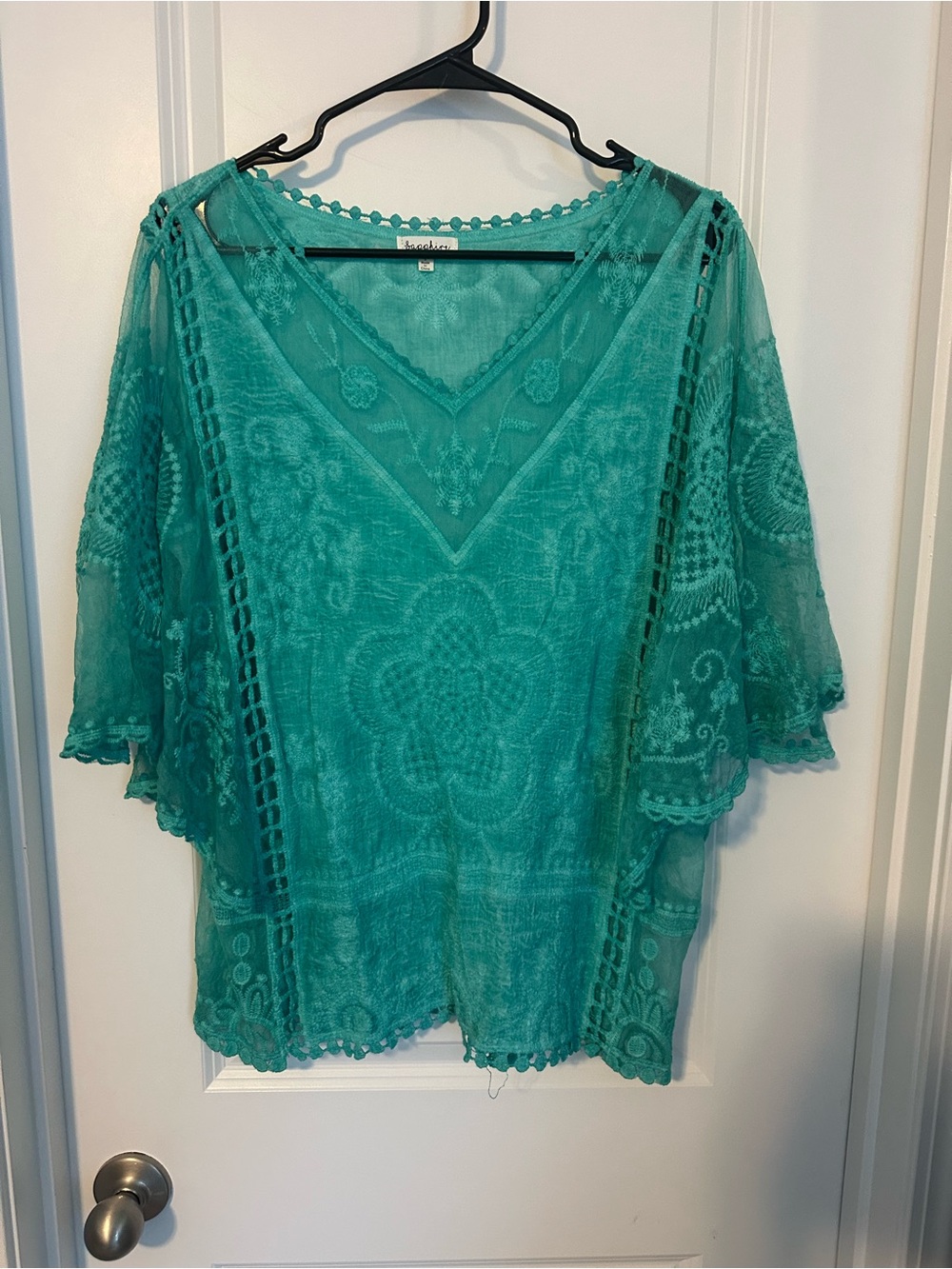 Boho Lace Overlay V-Neck Top - Teal